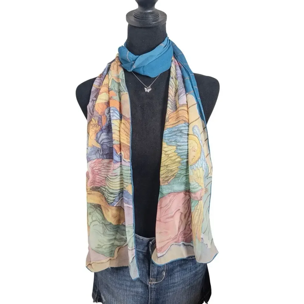 Y2K Sheer Angel Print Chiffon Oblong Scarf Blue Religious Art Wrap